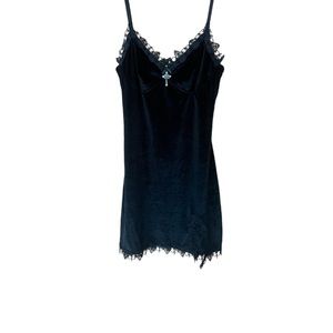 Lovely black velvet body con dress with lace